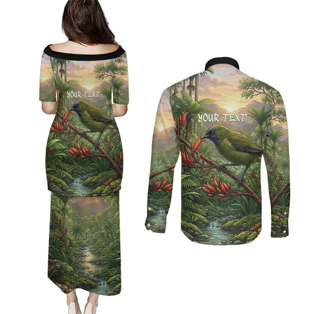 Bellbird New Zealand Personalised Couples Matching Puletasi and Long Sleeve Button Shirt Korimako Harakeke Flower Native Forest