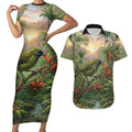 Bellbird New Zealand Personalised Couples Matching Short Sleeve Bodycon Dress and Hawaiian Shirt Korimako Harakeke Flower Native Forest