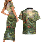 Bellbird New Zealand Personalised Couples Matching Short Sleeve Bodycon Dress and Hawaiian Shirt Korimako Harakeke Flower Native Forest
