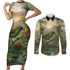 Bellbird New Zealand Personalised Couples Matching Short Sleeve Bodycon Dress and Long Sleeve Button Shirt Korimako Harakeke Flower Native Forest