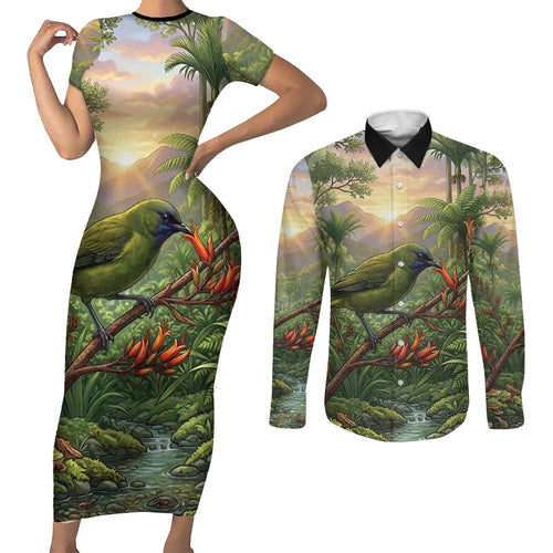 Bellbird New Zealand Personalised Couples Matching Short Sleeve Bodycon Dress and Long Sleeve Button Shirt Korimako Harakeke Flower Native Forest