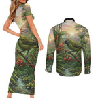 Bellbird New Zealand Personalised Couples Matching Short Sleeve Bodycon Dress and Long Sleeve Button Shirt Korimako Harakeke Flower Native Forest