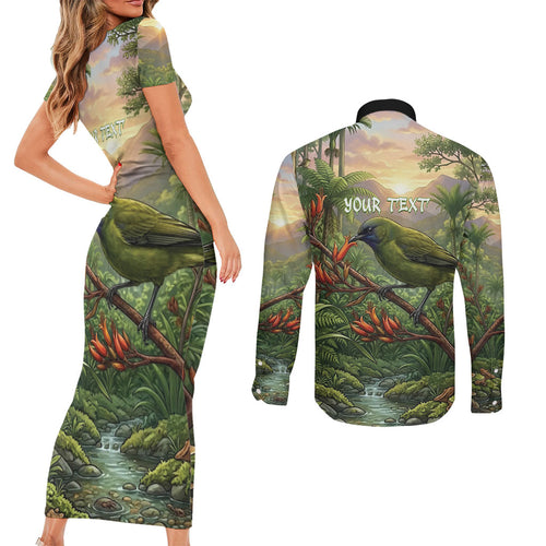 Bellbird New Zealand Personalised Couples Matching Short Sleeve Bodycon Dress and Long Sleeve Button Shirt Korimako Harakeke Flower Native Forest