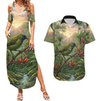 Bellbird New Zealand Personalised Couples Matching Summer Maxi Dress and Hawaiian Shirt Korimako Harakeke Flower Native Forest