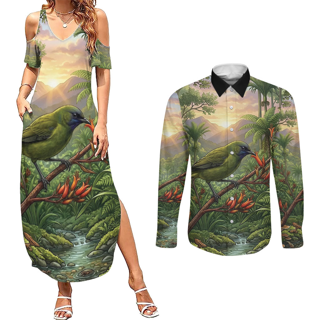 Bellbird New Zealand Personalised Couples Matching Summer Maxi Dress and Long Sleeve Button Shirt Korimako Harakeke Flower Native Forest
