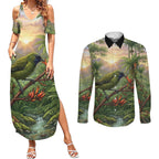 Bellbird New Zealand Personalised Couples Matching Summer Maxi Dress and Long Sleeve Button Shirt Korimako Harakeke Flower Native Forest