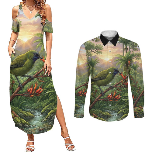Bellbird New Zealand Personalised Couples Matching Summer Maxi Dress and Long Sleeve Button Shirt Korimako Harakeke Flower Native Forest