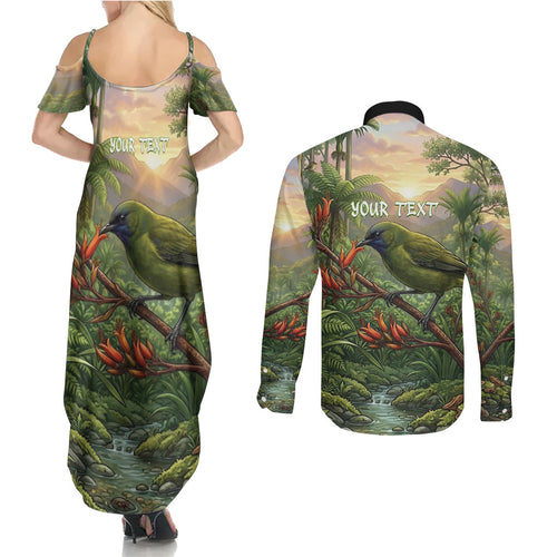 Bellbird New Zealand Personalised Couples Matching Summer Maxi Dress and Long Sleeve Button Shirt Korimako Harakeke Flower Native Forest