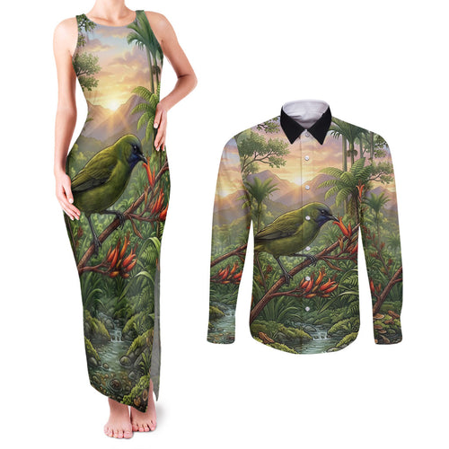 Bellbird New Zealand Personalised Couples Matching Tank Maxi Dress and Long Sleeve Button Shirt Korimako Harakeke Flower Native Forest