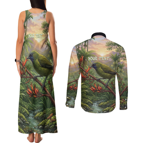 Bellbird New Zealand Personalised Couples Matching Tank Maxi Dress and Long Sleeve Button Shirt Korimako Harakeke Flower Native Forest