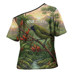 Bellbird New Zealand Personalised Cross Shoulder Shirt Korimako Harakeke Flower Native Forest