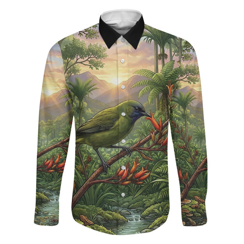 Bellbird New Zealand Personalised Family Matching Long Sleeve Bodycon Dress and Hawaiian Shirt Korimako Harakeke Flower Native Forest