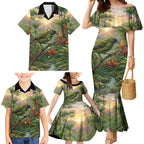 Bellbird New Zealand Personalised Family Matching Mermaid Dress and Hawaiian Shirt Korimako Harakeke Flower Native Forest