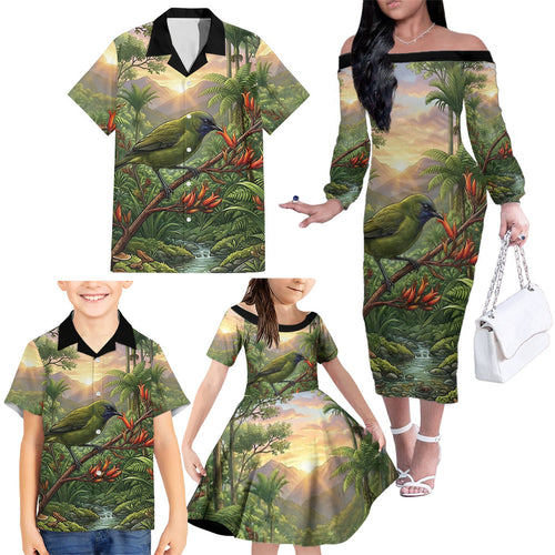 Bellbird New Zealand Personalised Family Matching Off The Shoulder Long Sleeve Dress and Hawaiian Shirt Korimako Harakeke Flower Native Forest