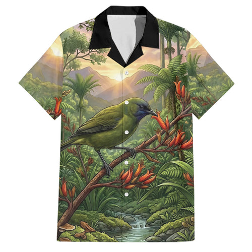 Bellbird New Zealand Personalised Family Matching Off The Shoulder Long Sleeve Dress and Hawaiian Shirt Korimako Harakeke Flower Native Forest