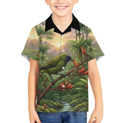 Bellbird New Zealand Personalised Family Matching Off The Shoulder Long Sleeve Dress and Hawaiian Shirt Korimako Harakeke Flower Native Forest