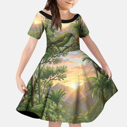 Bellbird New Zealand Personalised Family Matching Off Shoulder Maxi Dress and Hawaiian Shirt Korimako Harakeke Flower Native Forest