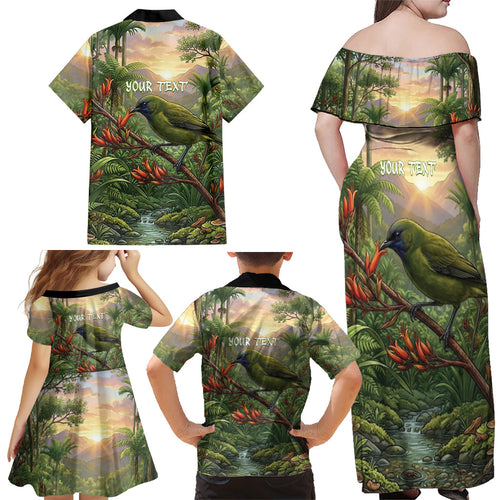 Bellbird New Zealand Personalised Family Matching Off Shoulder Maxi Dress and Hawaiian Shirt Korimako Harakeke Flower Native Forest