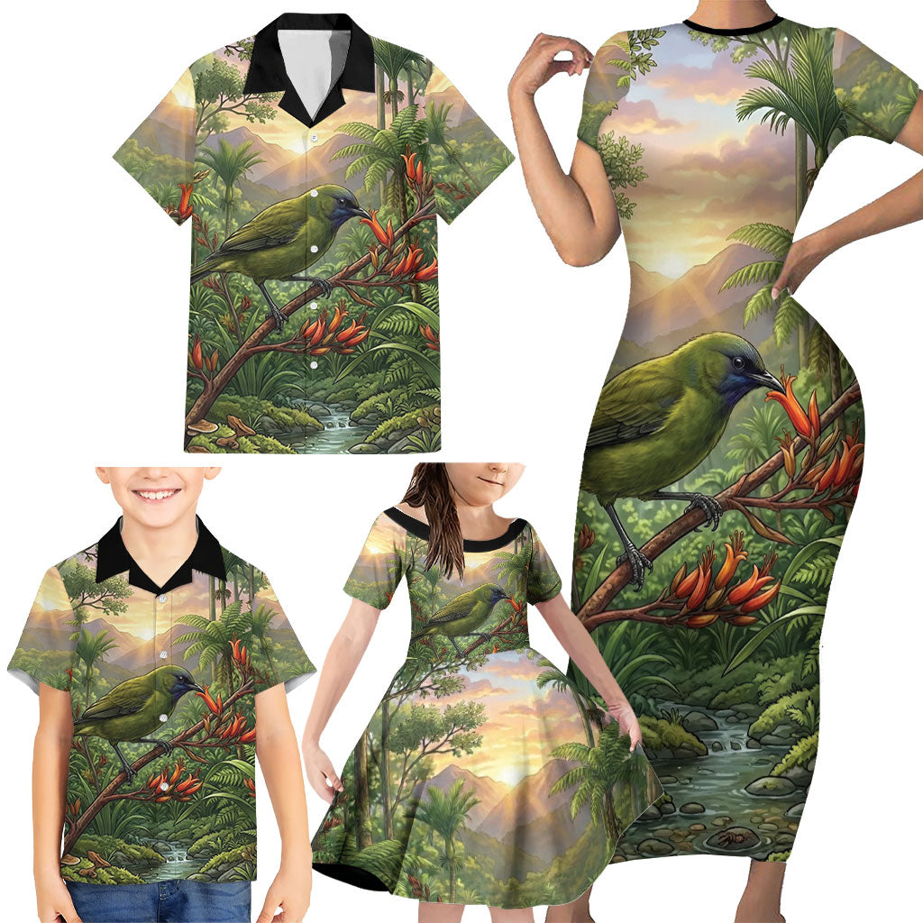 Bellbird New Zealand Personalised Family Matching Short Sleeve Bodycon Dress and Hawaiian Shirt Korimako Harakeke Flower Native Forest