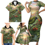 Bellbird New Zealand Personalised Family Matching Short Sleeve Bodycon Dress and Hawaiian Shirt Korimako Harakeke Flower Native Forest