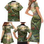 Bellbird New Zealand Personalised Family Matching Short Sleeve Bodycon Dress and Hawaiian Shirt Korimako Harakeke Flower Native Forest