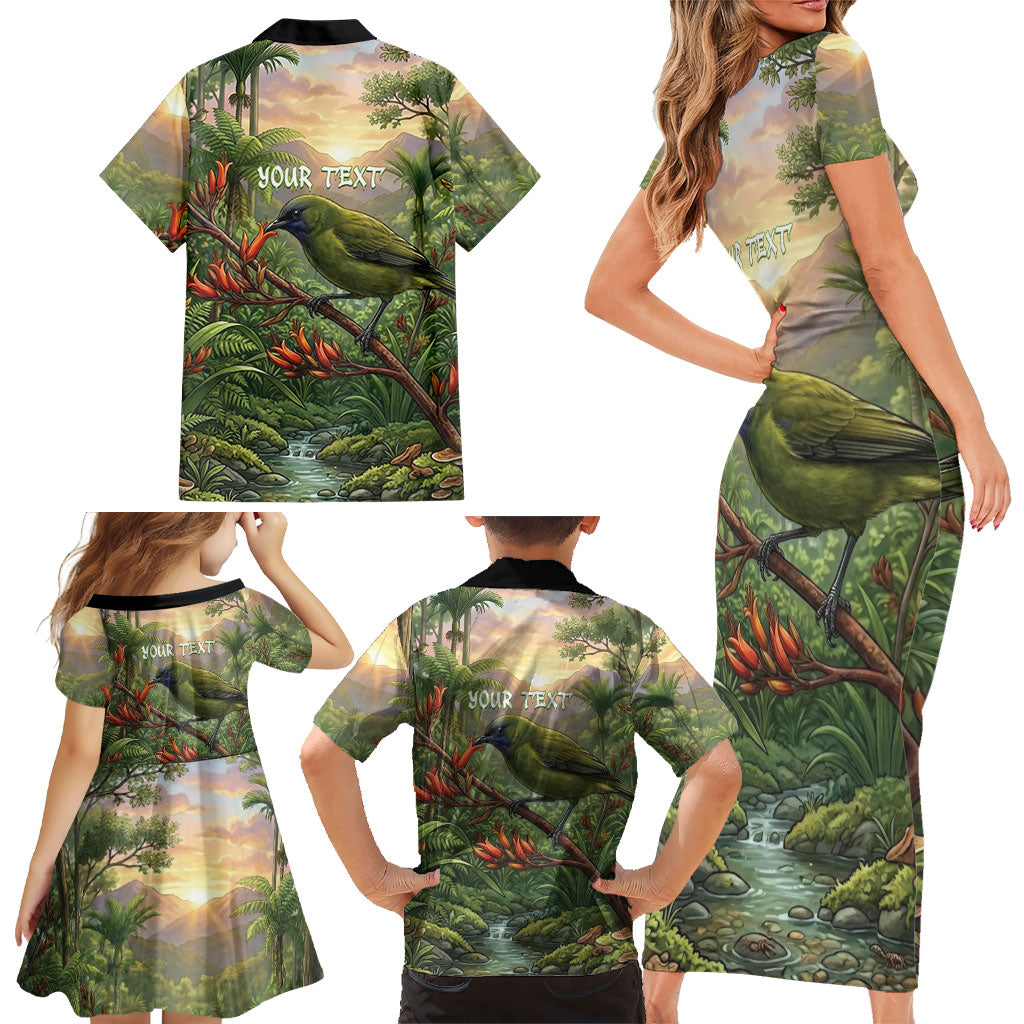 Bellbird New Zealand Personalised Family Matching Short Sleeve Bodycon Dress and Hawaiian Shirt Korimako Harakeke Flower Native Forest