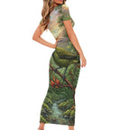 Bellbird New Zealand Personalised Family Matching Short Sleeve Bodycon Dress and Hawaiian Shirt Korimako Harakeke Flower Native Forest
