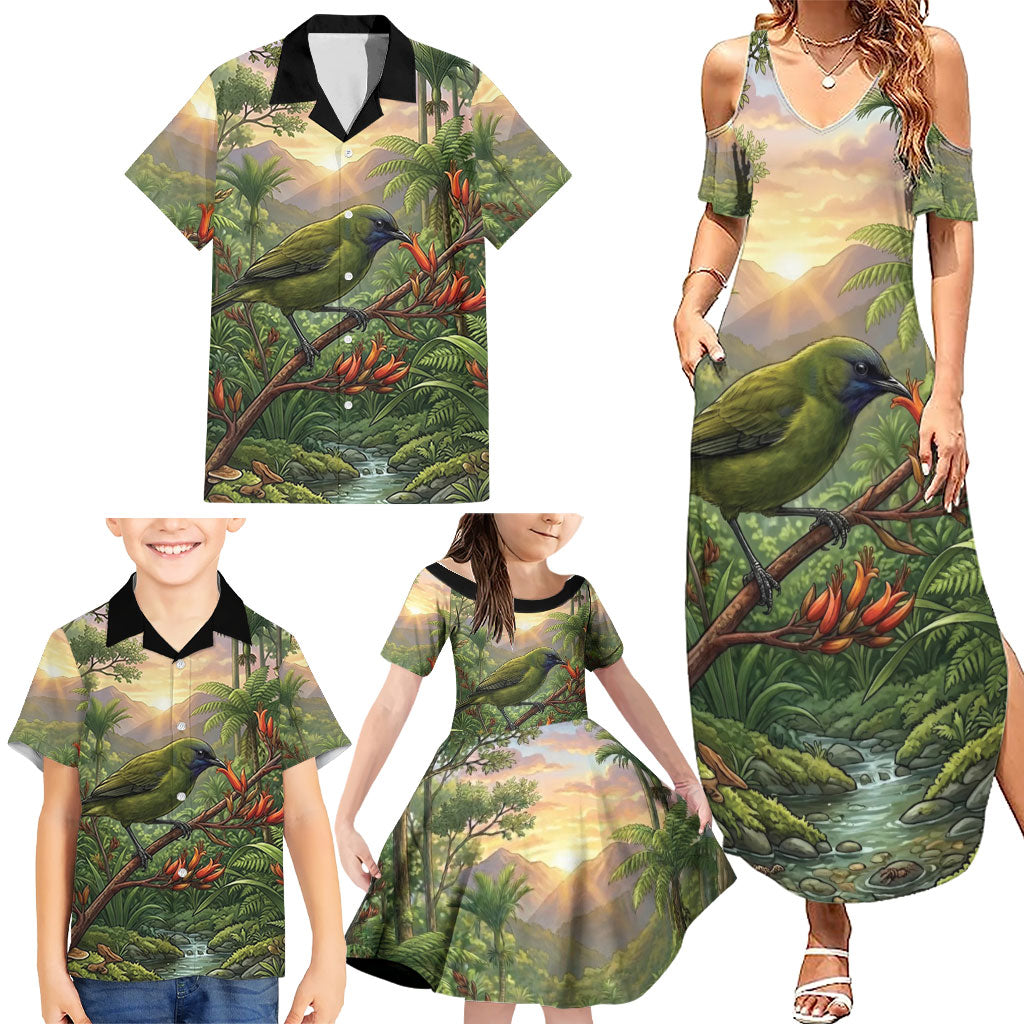 Bellbird New Zealand Personalised Family Matching Summer Maxi Dress and Hawaiian Shirt Korimako Harakeke Flower Native Forest
