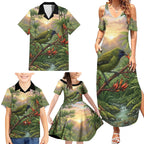 Bellbird New Zealand Personalised Family Matching Summer Maxi Dress and Hawaiian Shirt Korimako Harakeke Flower Native Forest