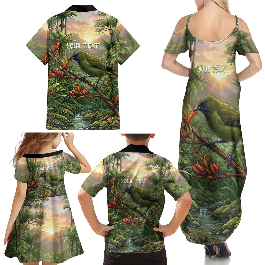 Bellbird New Zealand Personalised Family Matching Summer Maxi Dress and Hawaiian Shirt Korimako Harakeke Flower Native Forest