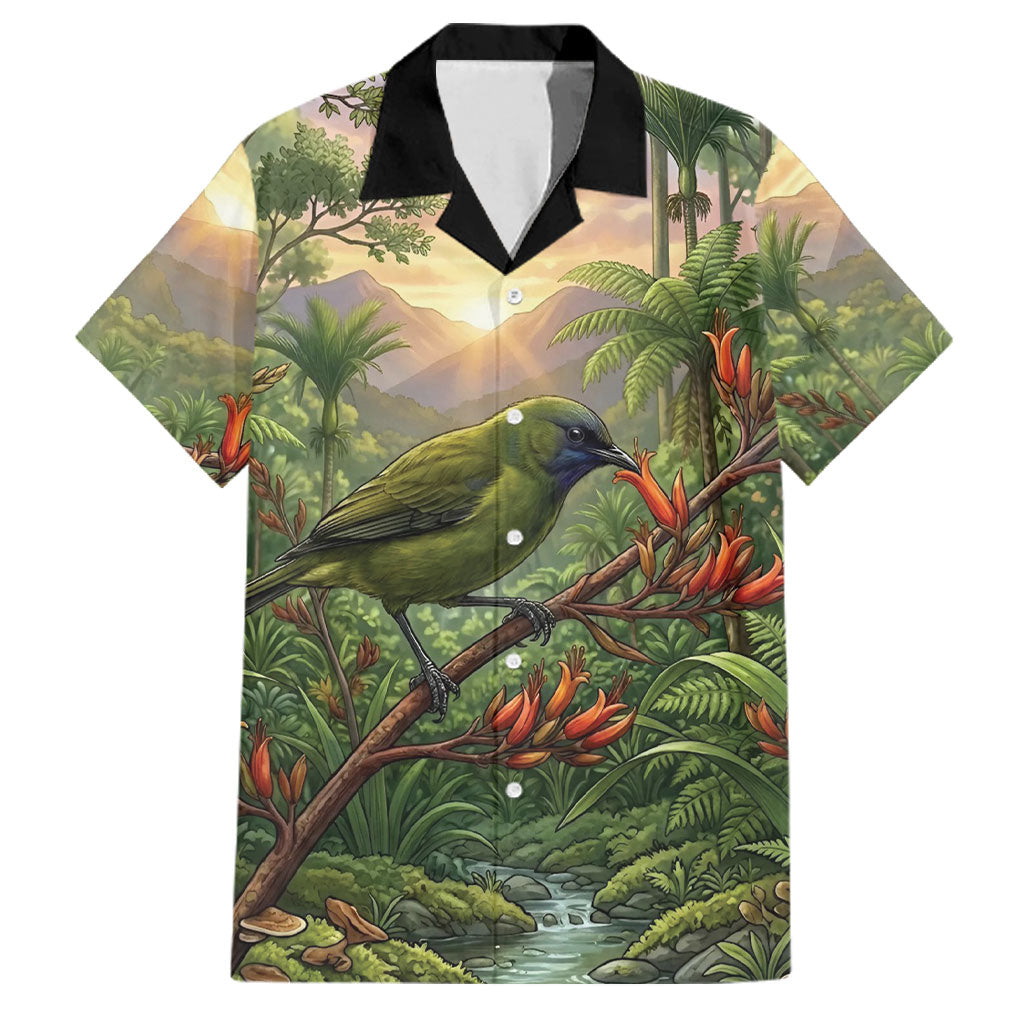 Bellbird New Zealand Personalised Family Matching Summer Maxi Dress and Hawaiian Shirt Korimako Harakeke Flower Native Forest
