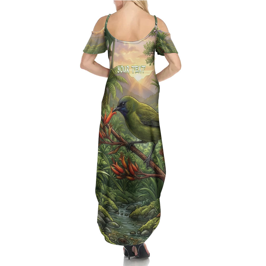 Bellbird New Zealand Personalised Family Matching Summer Maxi Dress and Hawaiian Shirt Korimako Harakeke Flower Native Forest