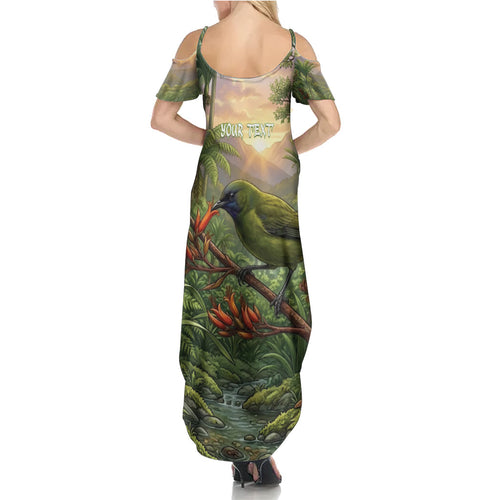 Bellbird New Zealand Personalised Family Matching Summer Maxi Dress and Hawaiian Shirt Korimako Harakeke Flower Native Forest