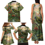 Bellbird New Zealand Personalised Family Matching Tank Maxi Dress and Hawaiian Shirt Korimako Harakeke Flower Native Forest