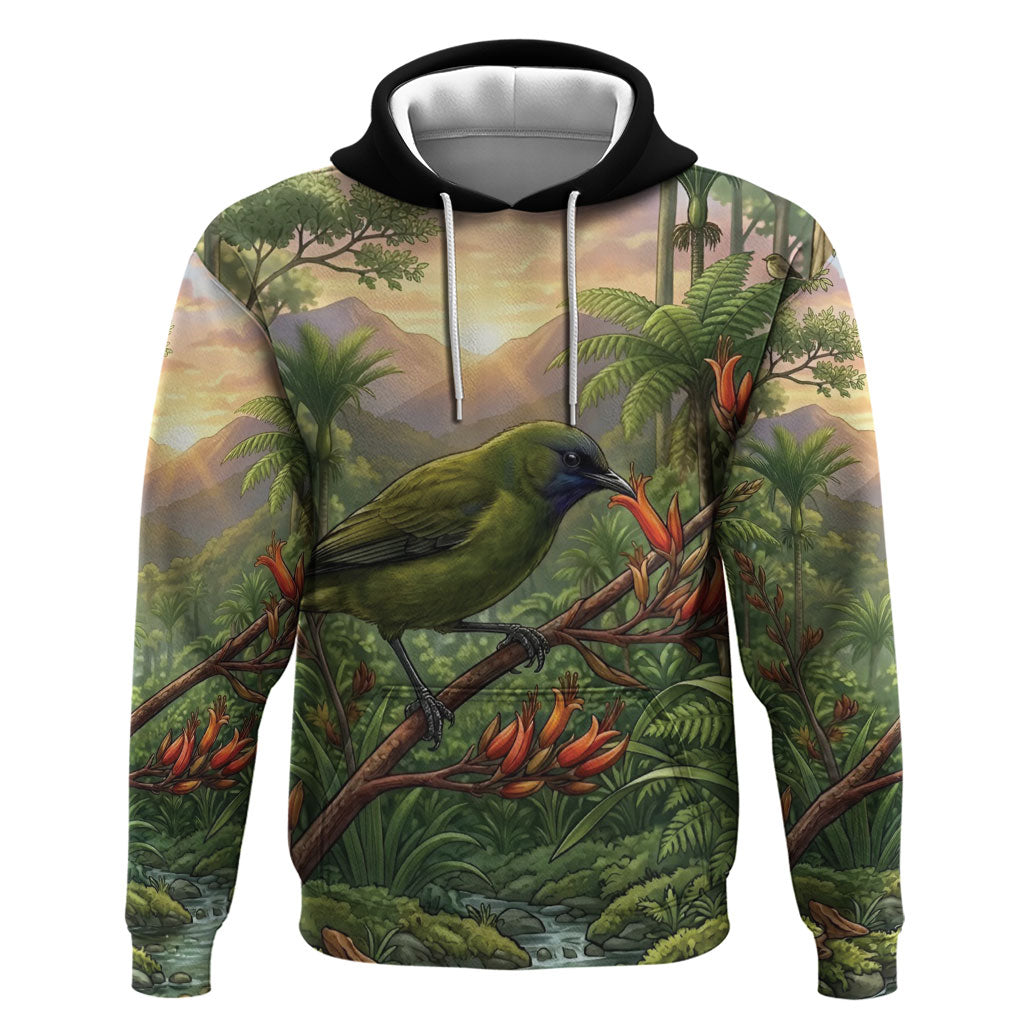 Bellbird New Zealand Personalised Hoodie Korimako Harakeke Flower Native Forest