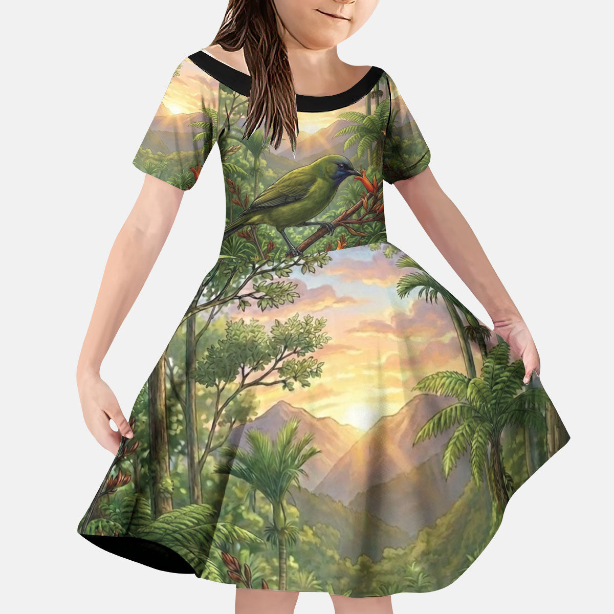 Bellbird New Zealand Personalised Kid Short Sleeve Dress Korimako Harakeke Flower Native Forest