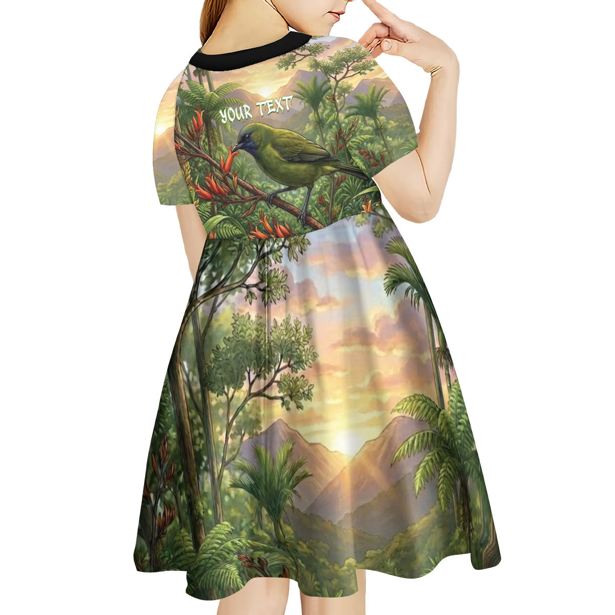 Bellbird New Zealand Personalised Kid Short Sleeve Dress Korimako Harakeke Flower Native Forest