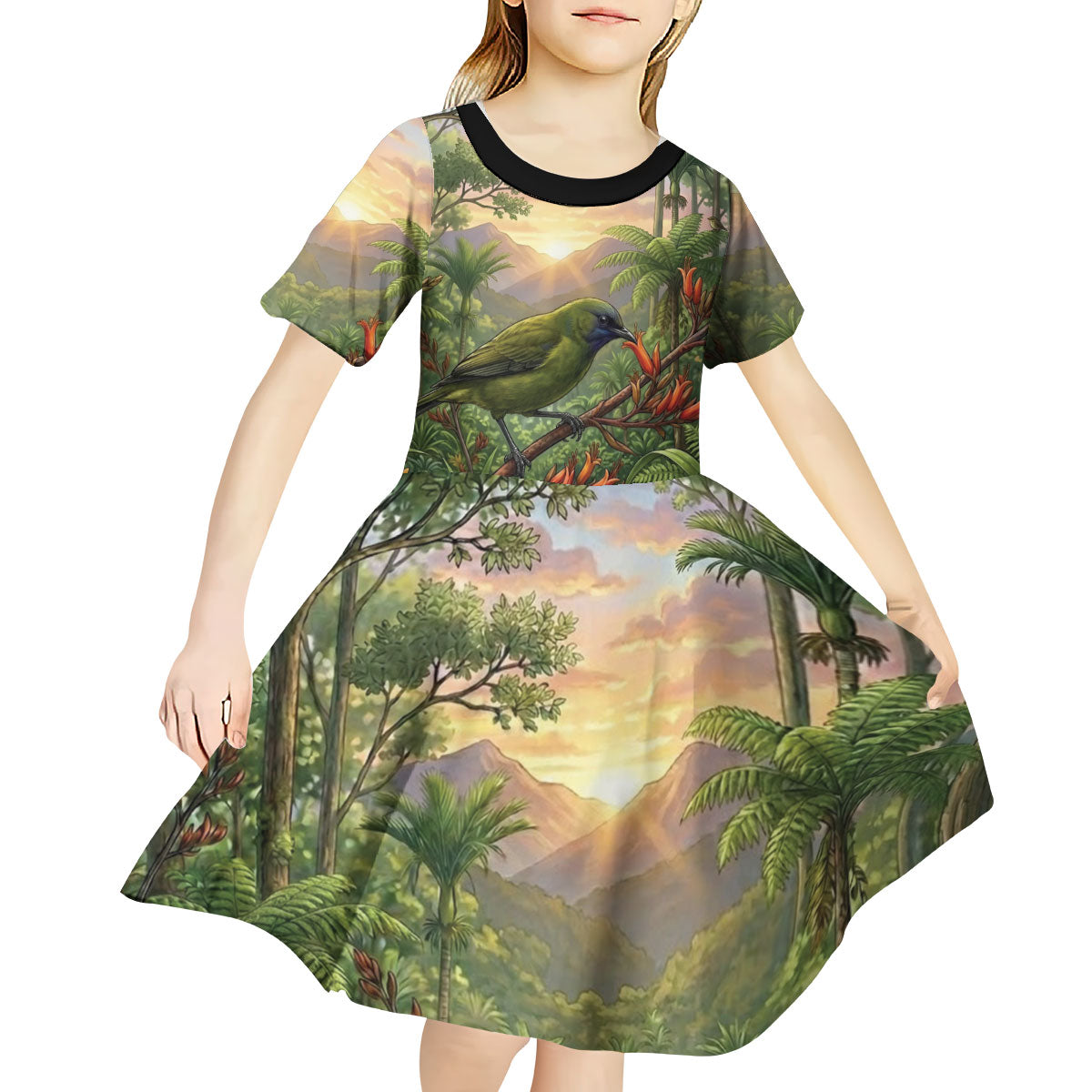 Bellbird New Zealand Personalised Kid Short Sleeve Dress Korimako Harakeke Flower Native Forest