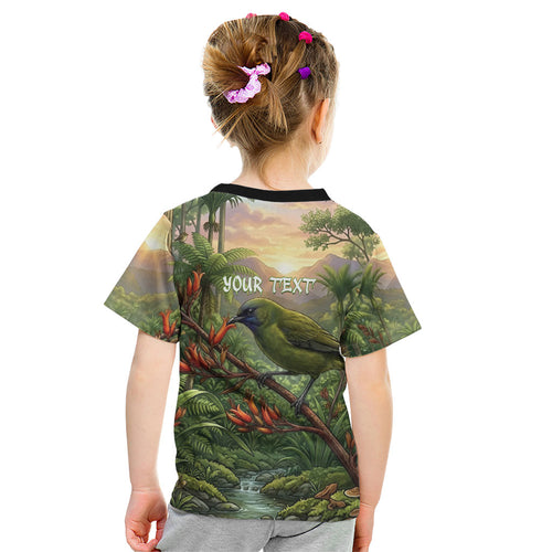 Bellbird New Zealand Personalised Kid T Shirt Korimako Harakeke Flower Native Forest