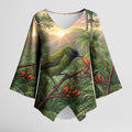 Bellbird New Zealand Personalised Kimono Sleeve Blouse Korimako Harakeke Flower Native Forest