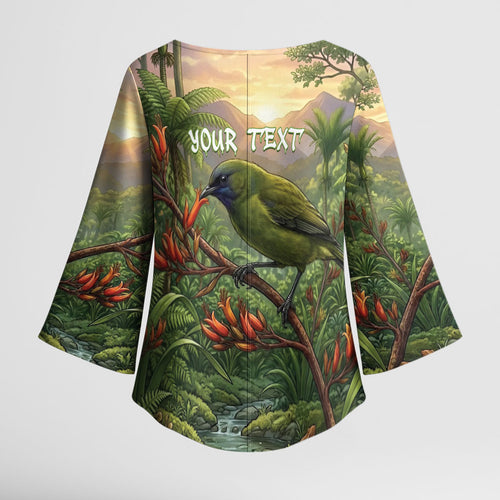 Bellbird New Zealand Personalised Kimono Sleeve Blouse Korimako Harakeke Flower Native Forest