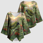Bellbird New Zealand Personalised Kimono Sleeve Blouse Korimako Harakeke Flower Native Forest