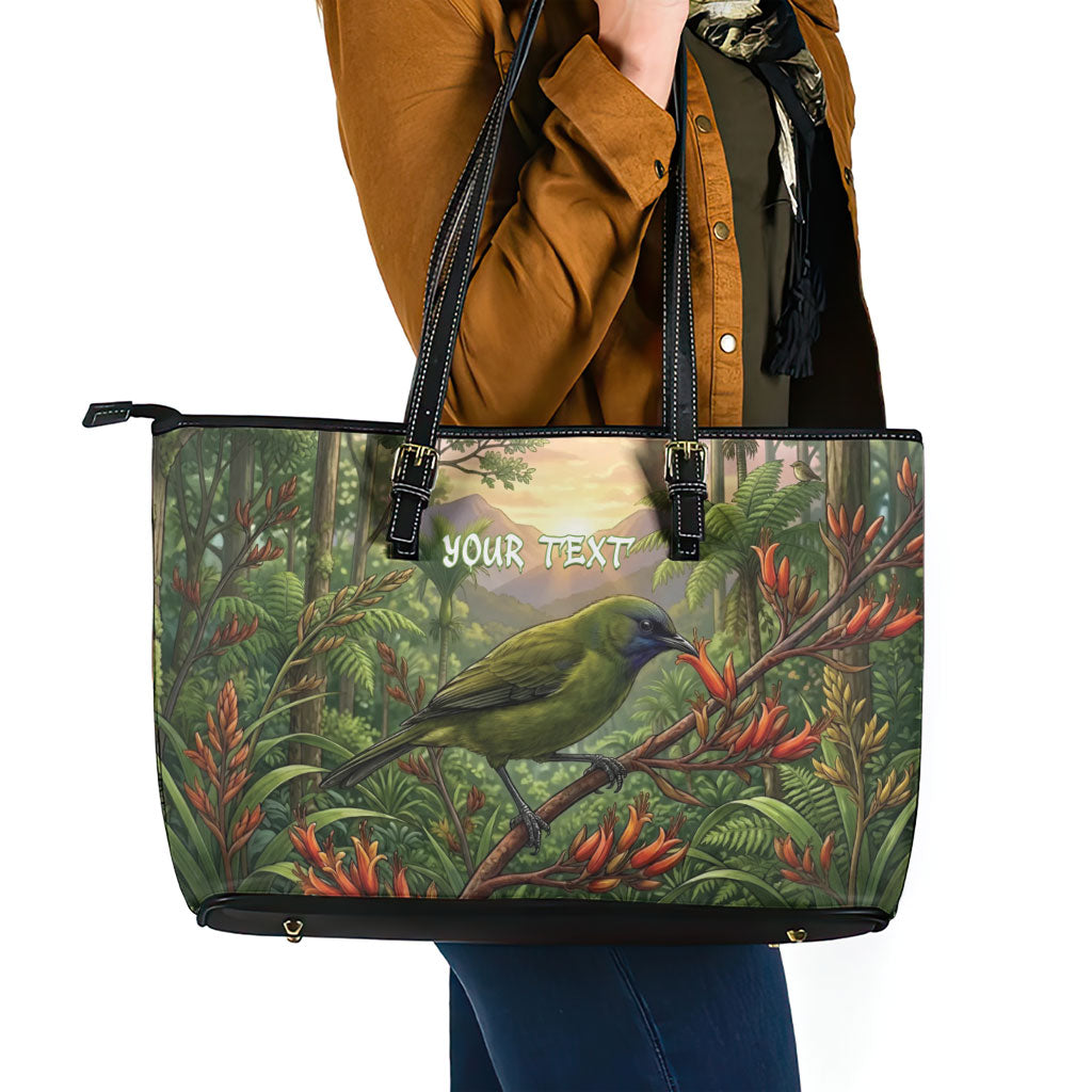 Bellbird New Zealand Personalised Leather Tote Bag Korimako Harakeke Flower Native Forest