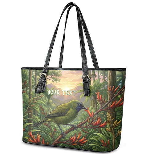 Bellbird New Zealand Personalised Leather Tote Bag Korimako Harakeke Flower Native Forest