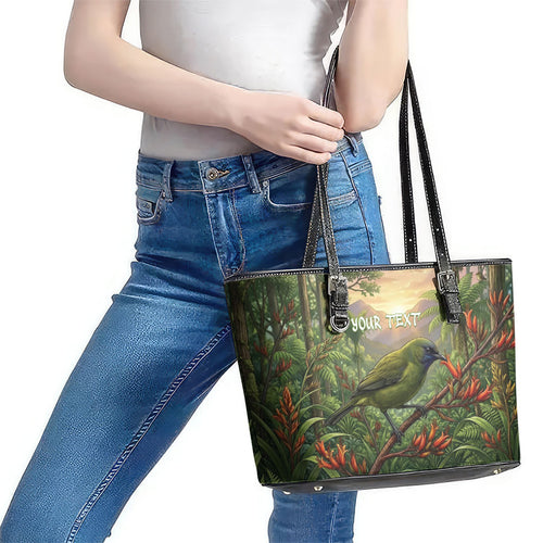 Bellbird New Zealand Personalised Leather Tote Bag Korimako Harakeke Flower Native Forest