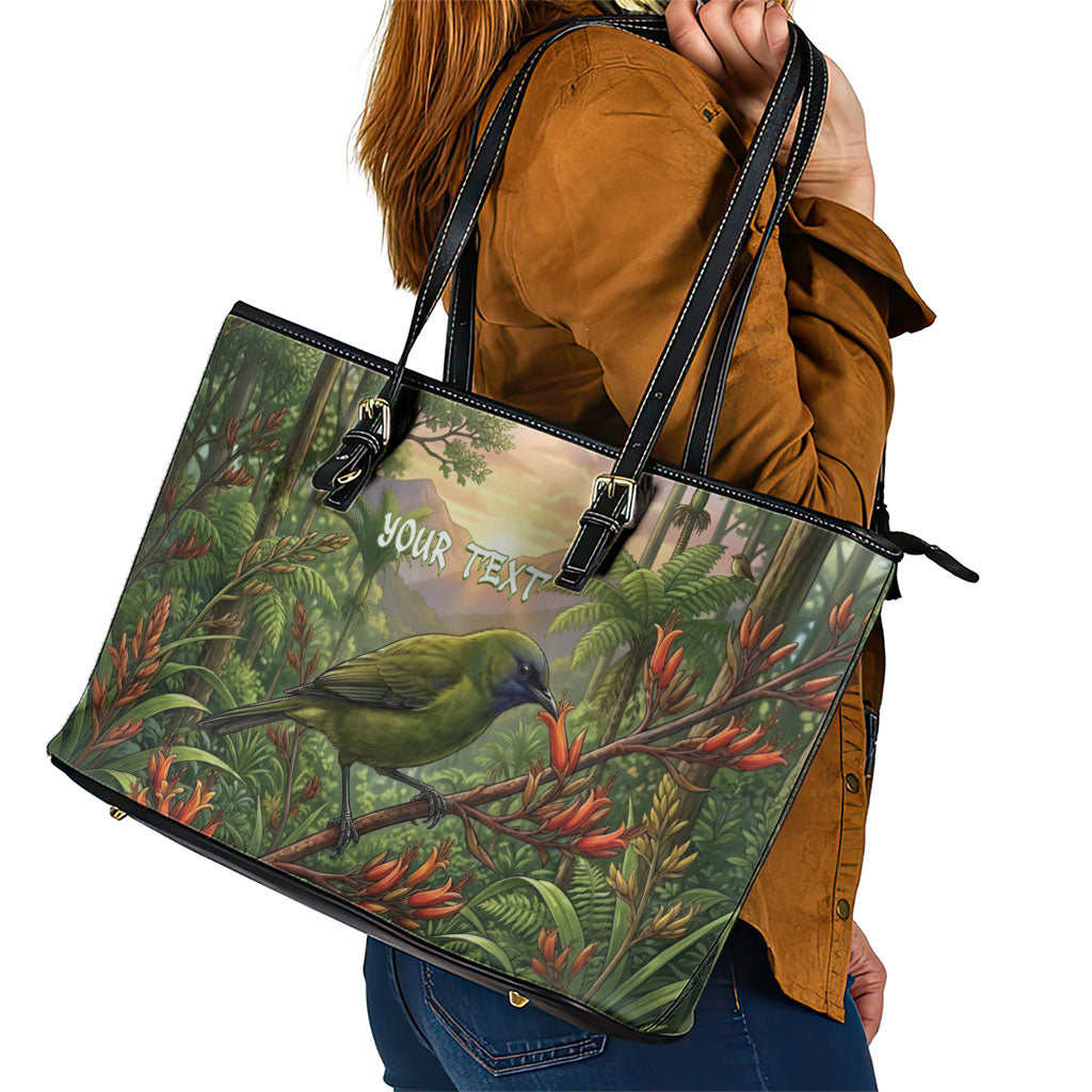 Bellbird New Zealand Personalised Leather Tote Bag Korimako Harakeke Flower Native Forest