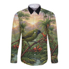 Bellbird New Zealand Personalised Long Sleeve Button Shirt Korimako Harakeke Flower Native Forest