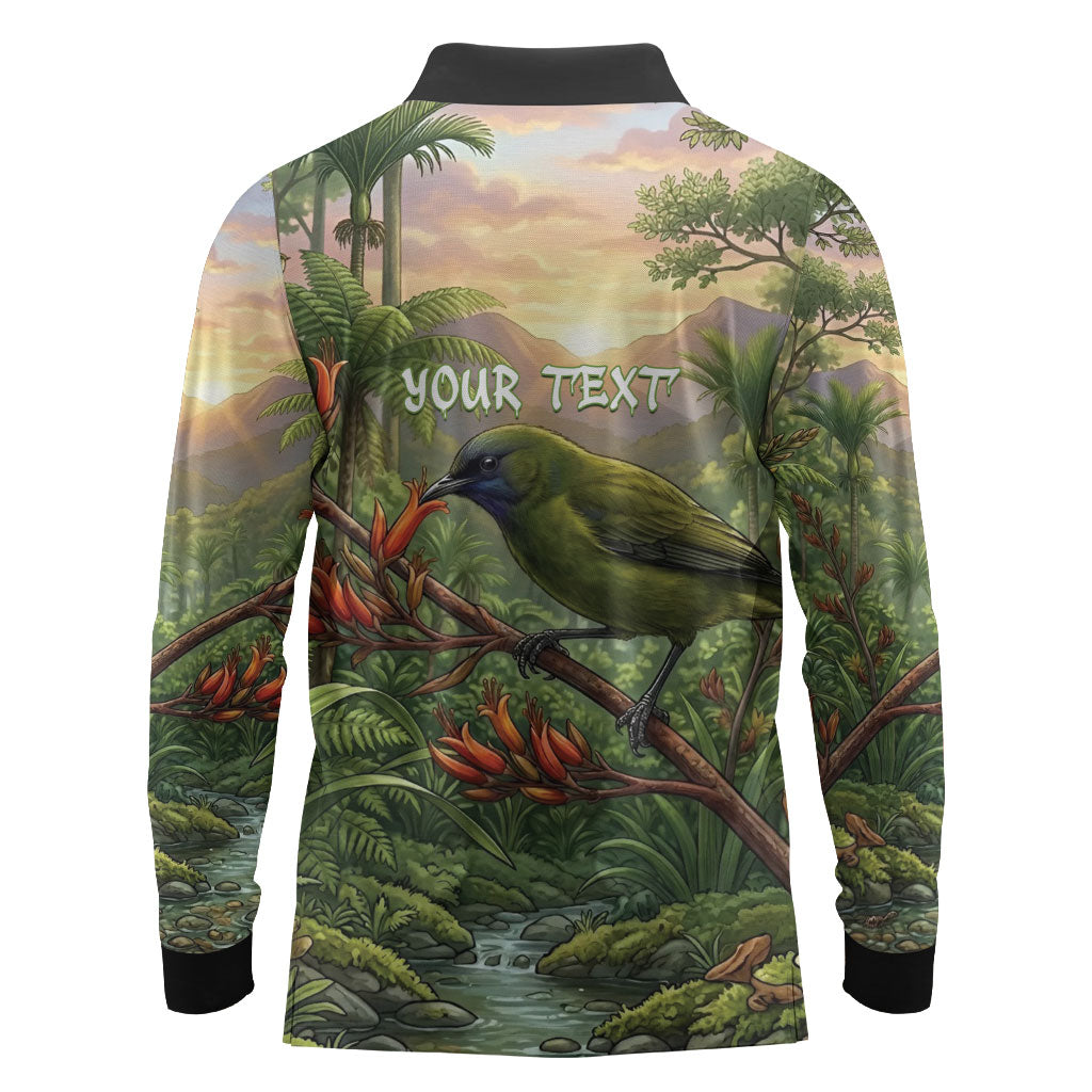 Bellbird New Zealand Personalised Long Sleeve Polo Shirt Korimako Harakeke Flower Native Forest