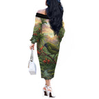 Bellbird New Zealand Personalised Off The Shoulder Long Sleeve Dress Korimako Harakeke Flower Native Forest