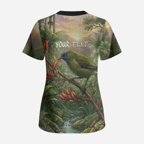 Bellbird New Zealand Personalised Scrub Top Korimako Harakeke Flower Native Forest